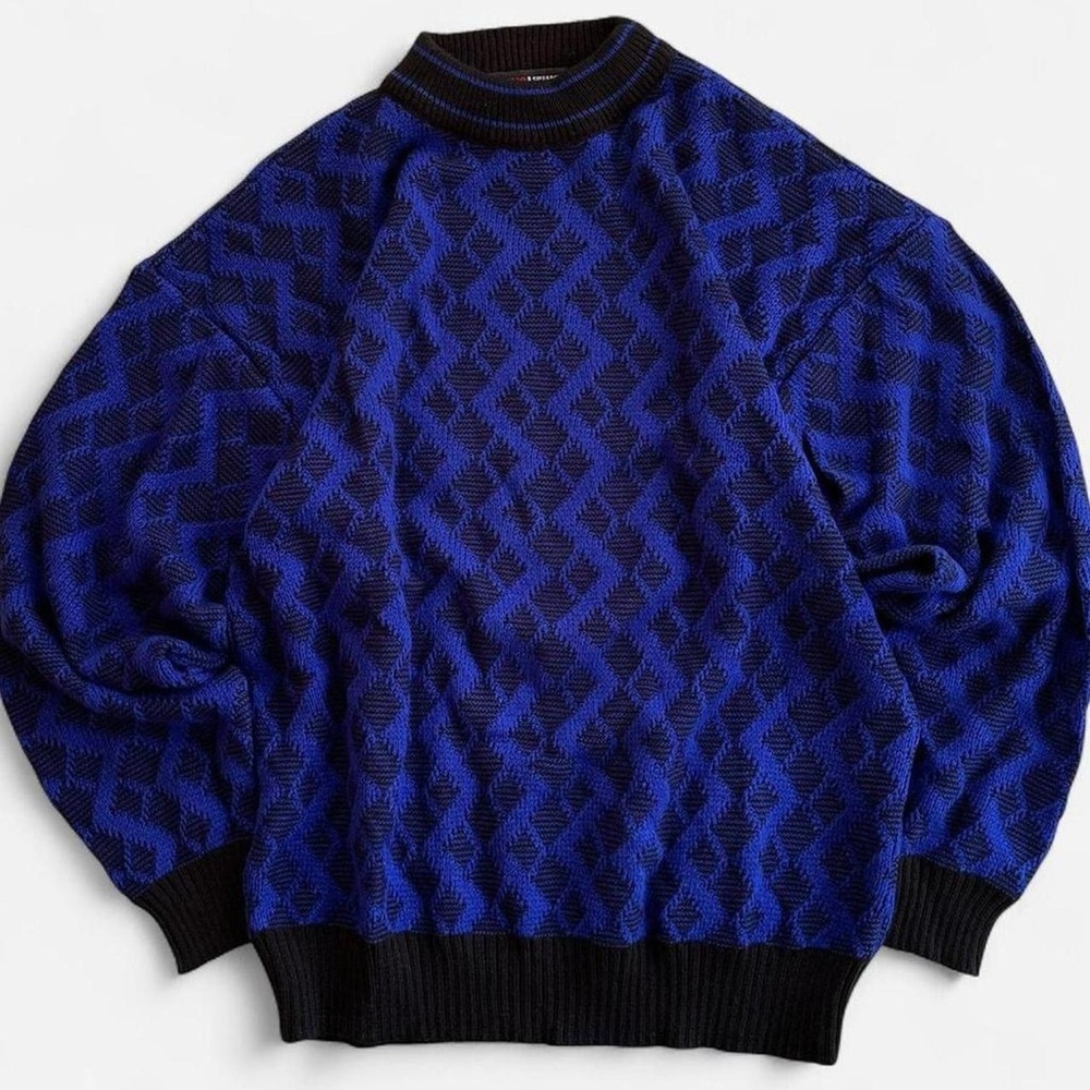 Vintage Todays News Blue & Black Knit Geometric Diamond Pattern Mockneck Sweater